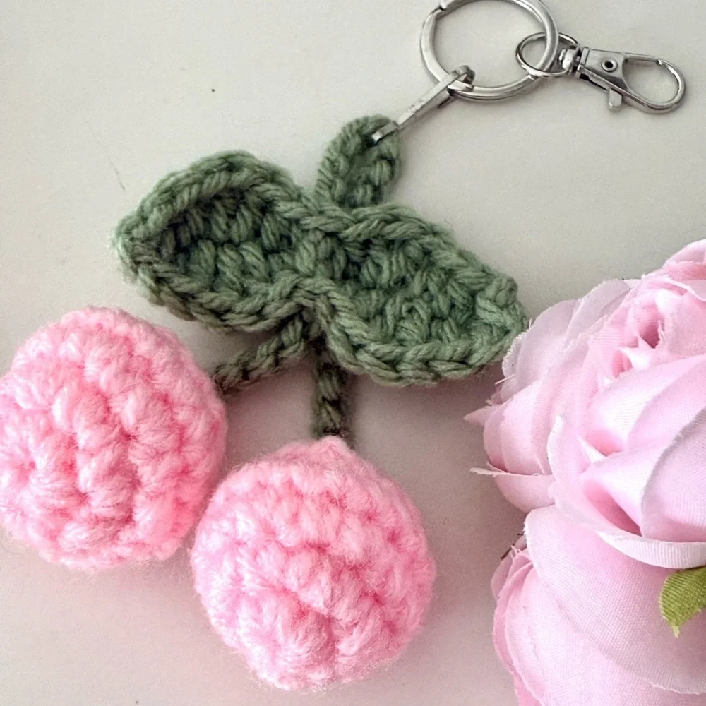 Handmade Crochet Cherry Keychain – Cute Pink Amigurumi Bag Charm - Picture 7 of 7